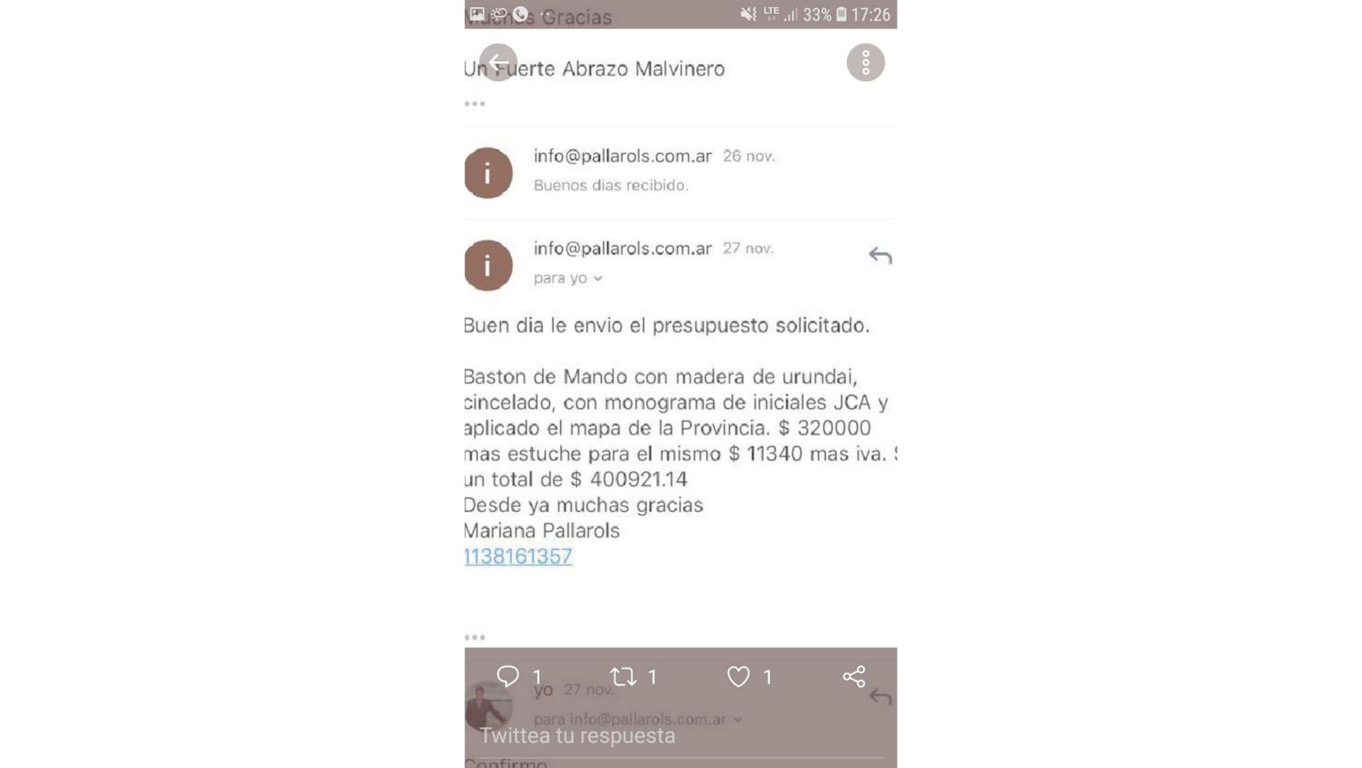 Arcando difundió un supuesto mail con el costo del bastón