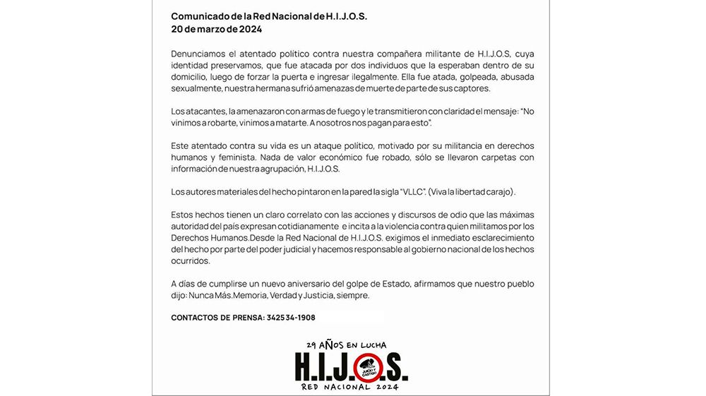H.I.J.O.S denunció ataque a una militante