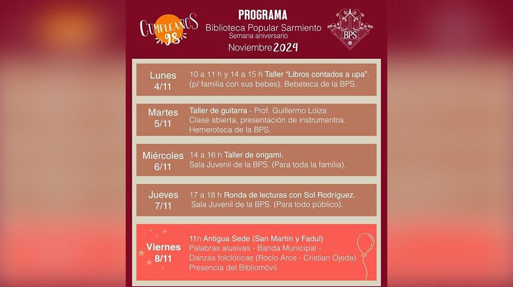 La Biblioteca Popular Sarmiento celebra su 98º aniversario con numerosas actividades